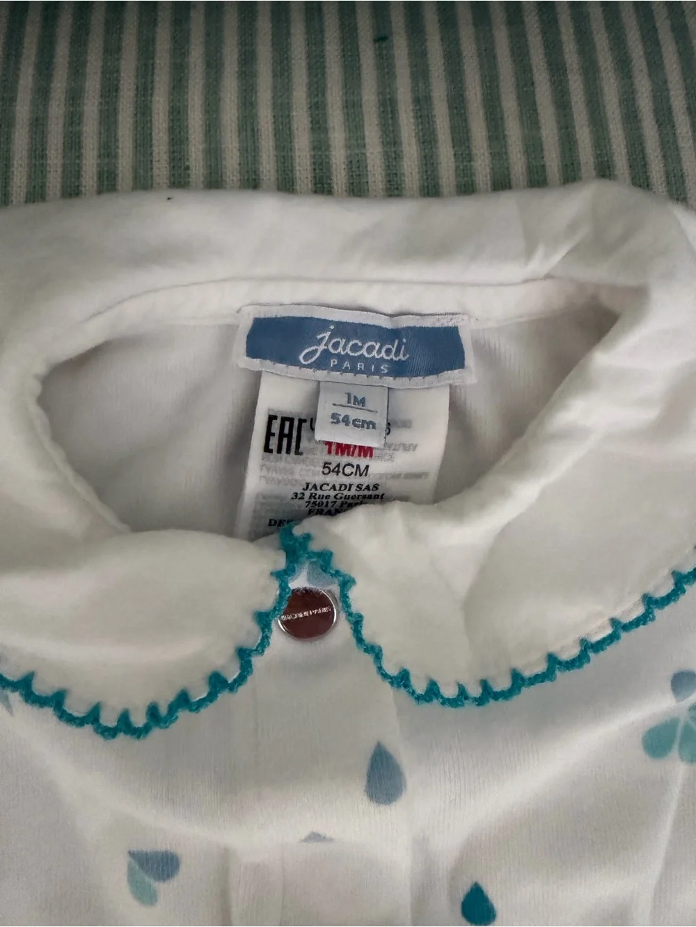 Jacadi White Footed One-Piece with Teal Floral and Raindrop Print - 1M